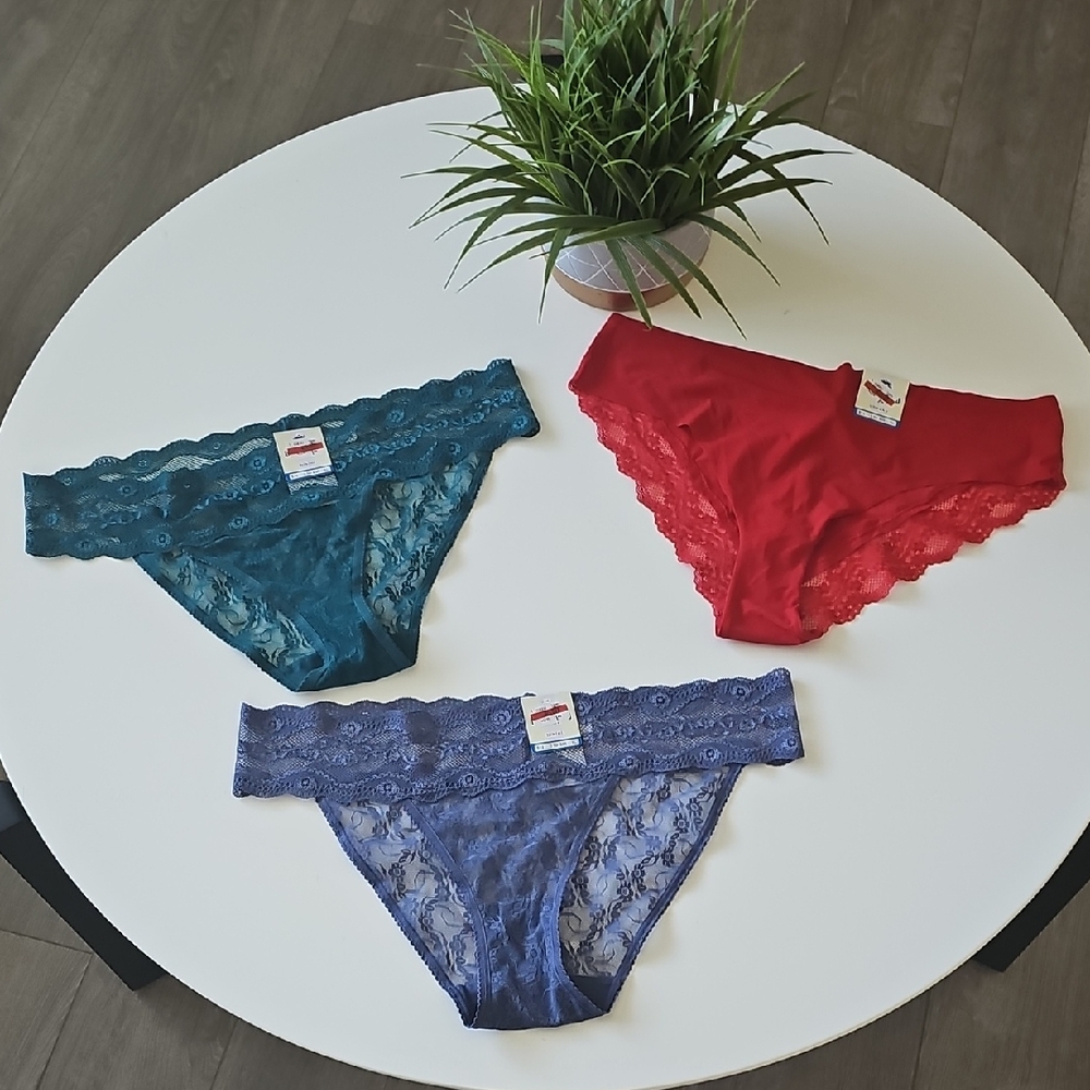 B. Tempt'd Set of Three Lace Panties - Red, Blue, and Teal